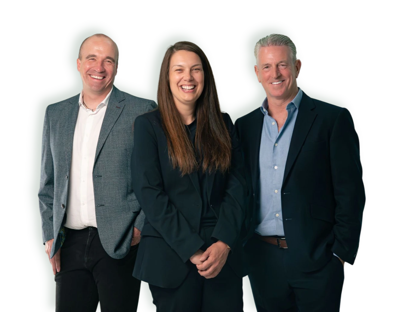 The three CentreMove co-founders — Jennifer Sewell, Gordon Sewell and Wayne Quinn — photographed together in business dress, smiling.